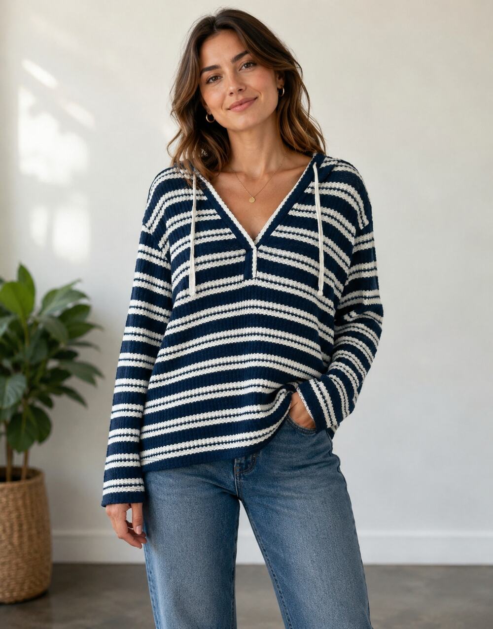 Como Blu Blue White Striped Hoodie Sweater L